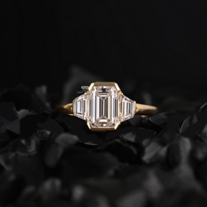 Emerald Cut Lab Grown Diamond Engagement Ring Tapered Baguette Side Stones Bezel Set Three Stone Ring 14K 18K Gold <b>Bridal</b> Ring - Product Image 1