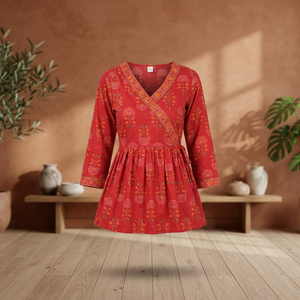 Kurti en coton à imprimé floral rouge pour femmes, coupe ample, style ethnique, haut décontracté, à porter toute l'année, mode Inde Pakistan - Product Image 5
