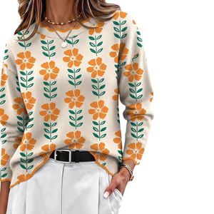 Custom Floral Jacquard <strong>Women</strong> Sweaters <strong>Mustard</strong> Yellow Scalloped Hem Crewneck Long Sleeve Breathable Soft Acrylics <strong>Jumpers</strong> - Product Image 3