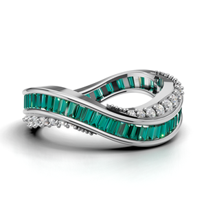 18K Gold Green Baguette Cut Eternity Ring with Round Pave Stones Luxury Statement Band - Product Image 4