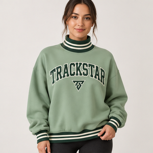 Sudadera de cuello alto para mujer, color verde salvia, con ribete de rayas blancas, letras estilo universitario, manga larga, logotipo personalizado - Product Image 1