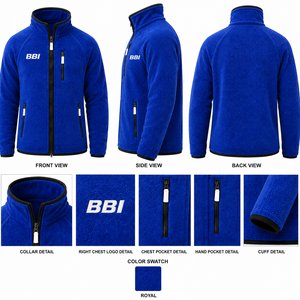 Veste polaire bleu roi pour homme, manteau sherpa cobalt, fermeture éclair intégrale, col montant, veste chaude en polaire, garniture contrastante noire. - Product Image 1