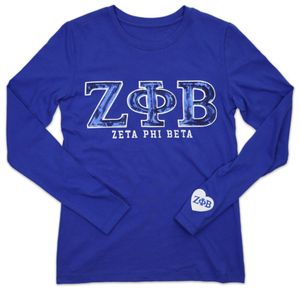T-shirt à manches longues avec patch à sequins Zeta Phi Beta, bleu royal, lettres grecques, vêtements de sororité, haut en coton élégant - Product Image 1