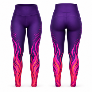 Leggings de yoga taille haute pleine longueur violet rose à motif géométrique, découpes, surpiqûres contrastées, extensibles dans les quatre sens, par sublimation - Product Image 1
