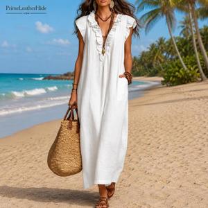 High Quality Multi V-Neck Sleeveless Maxi <b>Dress</b> <b>Ruffles</b> Tunic Breathable Rayon Beach Vacation Summer Women <b>Dress</b> In Wholesale - Product Image 2