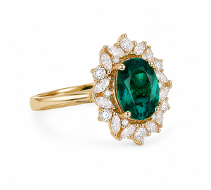 Anillo de piedra preciosa ovalada verde con halo de diamantes cultivados en laboratorio en corte marquesa y redondo para mujer en oro de 10K, 14K, 18K y plata 925, 935. - Product Image 3