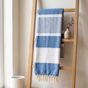 Couverture de canapé en coton rayé jaune moutarde 100x200 cm, avec franges, style bohème, pour bout de lit, personnalisable en gros - Product Image 2