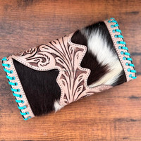 Dompet Kulit Sapi Asli Berkualitas Tinggi Desainer, Dompet Kulit Vintage Turquoise dengan Ukiran Tangan, Dompet Kartu Kulit Asli dengan Tali Pergelangan Tangan