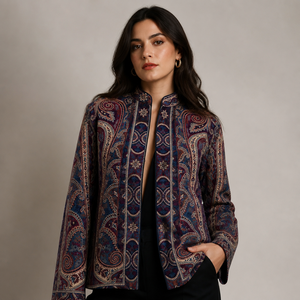 Abrigo Casual Corto con Cuello Mandarín y Estampado Paisley Bohemio, de Manga Larga, para Mujer, Tejido de Poliéster para Invierno - Product Image 6