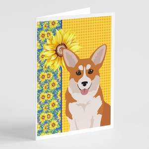 Summer Sunflowers Pembroke Corgi Tarjetas de felicitación Pack 8 Whimsical A7 Tamaño 5x7 Tarjetas de notas en blanco Sobres para notas personalizadas - Product Image 1