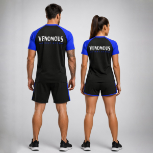 T-shirt unisexe col en V à manches raglan, imprimé par sublimation, séchage rapide, coupe sportive, motif noir et bleu, 100 % coton, coupe classique - Product Image 2