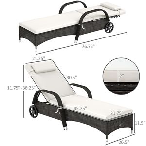 Chaise longue d'extérieur à dossier réglable sur 5 niveaux en rotin crème, chaise de piscine et de gym avec coussin et appui-tête, roues incluses - Product Image 3