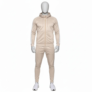 Ensemble de survêtement pour homme beige et blanc avec bande latérale, veste à capuche zippée et pantalon de jogging slim, tenue de sport active - Product Image 5