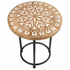 Taburete Artesanal de Madera con Base Redonda Decorativa y Estructura de Hierro |   Taburete Lateral Moderno para Sala de Estar, Hotel, Decoración del Hogar - Product Image 1