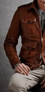 <b>Men's</b> <b>Brown</b> Genuine <b>Leather</b> Moto Biker <b>Jacket</b> Turn-down Collar Zipper Closure Regular Fit Autumn Wear - Product Image 2
