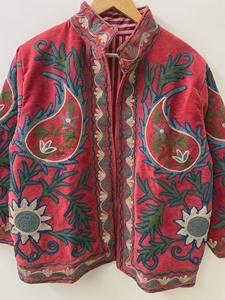 Suzani Embroidered Velvet Jacket Bohemian Floral Winter Overcoat Windproof Breathable Short <b>Coat</b> - Product Image 2