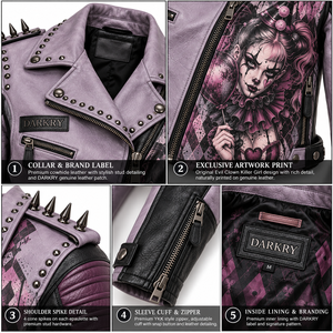 Chaqueta de Cuero Genuino Personalizada para Mujer, Estilo Motero, con Tachuelas y Púas, Color Morado, con Estampado Gráfico, Estilo Gótico Punk, OEM ODM - Product Image 6