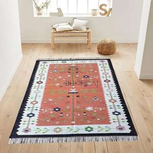 Alfombra tradicional de algodón Kilim Dhurrie, textura de tejido plano para salas de estar animadas y pasillos, alfombras y juegos - Product Image 1