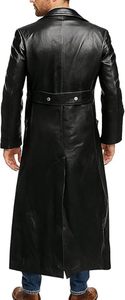 Manteau trench-coat pour homme en cuir véritable noir, longueur standard, double boutonnage, col montant, vêtement d'hiver formel - Product Image 2