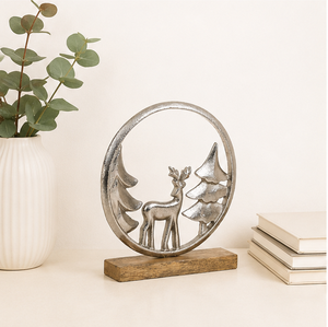 Handmade Modern Silver Aluminium Reindeer Sculpture with Natural Mango Wood Base Elegant Round Frame Christmas <b>Tree</b> Figurine - Product Image 4