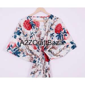 Kaftan court en coton pour femme, écologique, motif floral, robe de plage mi-longue, col en V, manches courtes, taille naturelle, moulante, à volants et pompons - Product Image 2