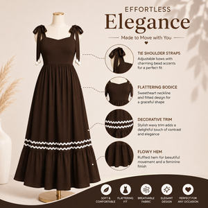Robe longue marron tissée pour femme avec bretelles à nouer, col cœur, taille smockée et ourlet à volants |   Fête de plage estivale décontractée et élégante - Product Image 5