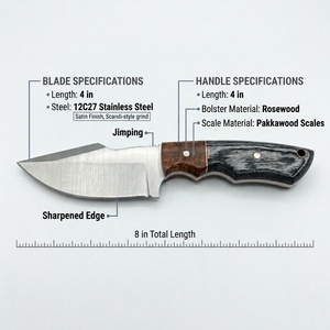 BLADE MARK INDUSTRIES มีดทำมือจากเหล็กกล้าคาร์บอน ใบมีดแบบคงที่ สำหรับแล่เนื้อ ล่าสัตว์ กิจกรรมกลางแจ้ง EDC บุชคราฟท์ ด้ามไม้ พร้อมปลอกหนัง - Product Image 2