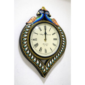 Horloge murale décorative Art Déco en bois artisanal avec motif paon, affichage analogique, fonctionne à piles, forme animale, SwamiG Tradex - Product Image 3