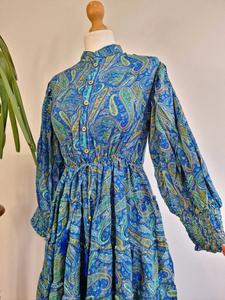 Midi azul Paisley seda mezcla nivel bohemio vestido fluido colorido verano elegante boda té alto ropa de día - Product Image 5