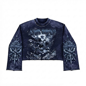 Custom Unisex Oversized Cropped Graphic Long Sleeve T <b>Shirt</b> Vintage Wash Rhinestone Gothic <b>Y2K</b> Streetwear Wholesale 100% Cotton - Product Image 1