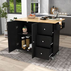 Isola Cucina Mobile con Piano in Legno Massello, Larghezza 52,7 Pollici, Armadietto Contenitore, Ruote Bloccabili, Bar Colazione, Carrello Cucina con Piano Ribaltabile - Product Image 6