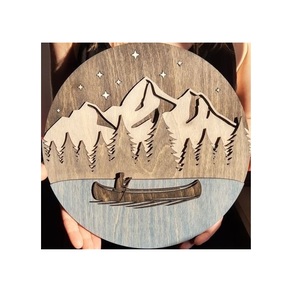 Rustic Wooden Mountain <b>Wall</b> Art 3D Laser Cut Forest Lake Canoe Crafts Handmade Round Wood Plaque Home Hotel Office <b>Wall</b> <b>Decor</b> - Product Image 1