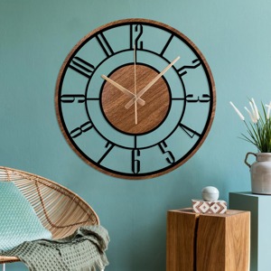Reloj de pared decorativo de madera y metal, ideal para la zona de comedor y la cocina, aporta un atractivo estético natural y moderno de la India. - Product Image 4