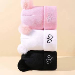 Baby Beanie Hat With Pom Poms Embroidered Hearts Solid Color <b>Winter</b> <b>Cap</b> Unisex Knitted Warm Hat - Product Image 3