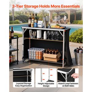 Table de bar pliante portable 43,5x15,4x39,8 po avec sac de transport, 2 étagères amovibles et jupe de protection, installation rapide - Product Image 3