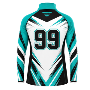 Veste de sport à col zippé turquoise, blanc et noir, à manches longues, pour l'entraînement athlétique et la course, performance optimale, vêtement de sport personnalisé, fermeture frontale. - Product Image 2