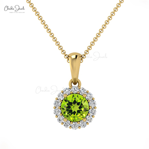 Natural 4mm Brilliant Round Cut Peridot Gemstone <b>Pendant</b> with 14k <b>Solid</b> <b>Gold</b> Diamond Halo <b>Pendant</b> August Birthstone Gift - Product Image 3