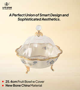 Plateau de service avec couvercle transparent en porcelaine fine, de haute qualité, aspect moderne et luxueux, avec supports dorés - Product Image 2