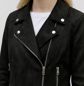 <b>Black</b> PU <b>Suede</b> Moto <b>Jacket</b> Slim Fit Turn-down Collar Zipper Closure Short Length Unisex Autumn Wear - Product Image 3