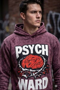 Sudadera con capucha oversize para hombre, estilo streetwear, con estampado gráfico de cerebro psicodélico, vintage, con lavado ácido y efecto desgastado, morado y granate, de tejido grueso. - Product Image 1