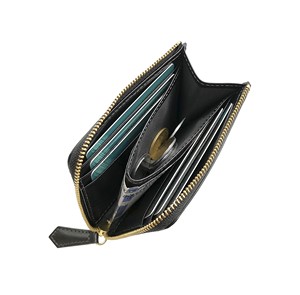 Article populaire : Portefeuille minimaliste unisexe en cuir italien tanné végétal Castello, forme en L, fermeture éclair YKK, court, noir/marron, broderie drapeau - Product Image 6