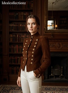 Idealcollectionz <b>Suede</b> Double Breasted <b>Jacket</b> Woolen Shell Stand Collar Gold Buttons Autumn Unisex Slim Fit Casual Style Front - Product Image 1