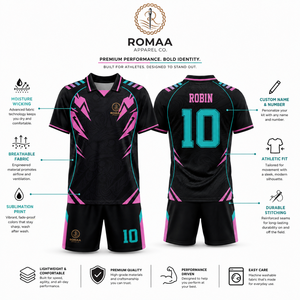 ชุดฟุตบอลสีดำชมพูเขียวแบบกำหนดเอง เสื้อโปโล กางเกงขาสั้น ลายกราฟิกสายฟ้า ชุดทีม OEM โรงงานพรีเมียม ระดับโปร - Product Image 4