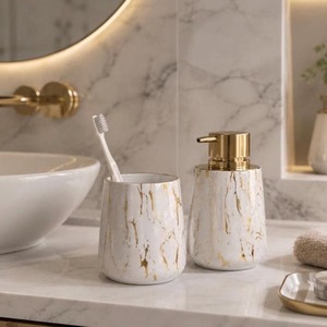 New Arrival Marble Bathroom Set 2-Piece Round Soap Dispenser <b>Toothbrush</b> Holder Luxury Style Easy To Clean - Product Image 4