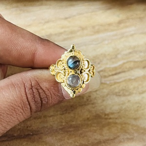 Unique Design <b>Labradorite</b> And Grey Moonstone Vintage <b>Ring</b> 18K Gold Plated Brass Double Stone Statement Wholesale <b>Ring</b> For Women - Product Image 2