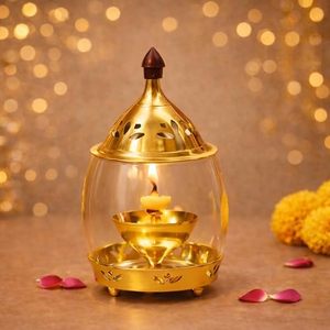 Gold Brass <b>Art</b> Deco Diya Traditional <b>Indian</b> Oil Lamp Handmade with Glass Cover for Home Temple Festival Wedding Christmas - Product Image 1