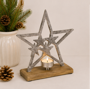 Portavelas de metal industrial hecho a mano con diseño de estrella dentro de una estrella y base rústica de madera de mango para Navidad y decoración de mesa del hogar. - Product Image 4