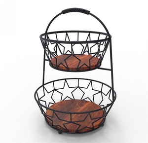 Support à fruits en métal à 2 niveaux avec motif étoile, base en bois, revêtement noir, organisateur de cuisine moderne multifonctionnel - Product Image 3
