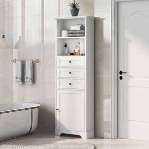 Armadio Alto in MDF Bianco con 3 Cassetti Regolabili per Bagno, Cucina e Soggiorno, Verniciato - Product Image 1