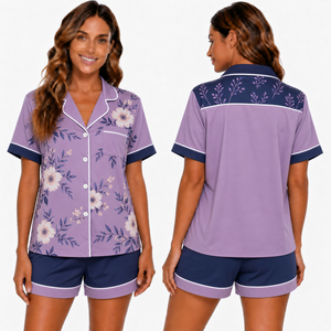Ensemble de pyjama à manches courtes pour femmes, imprimé floral bleu marine, avec col rabattu et fermeture à boutons, vêtements de nuit d'été - Product Image 5